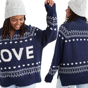Aerie Festive Feels Quarter Zip Sweater Blue LOVE Cozy Cabin Isle Knit Pullover